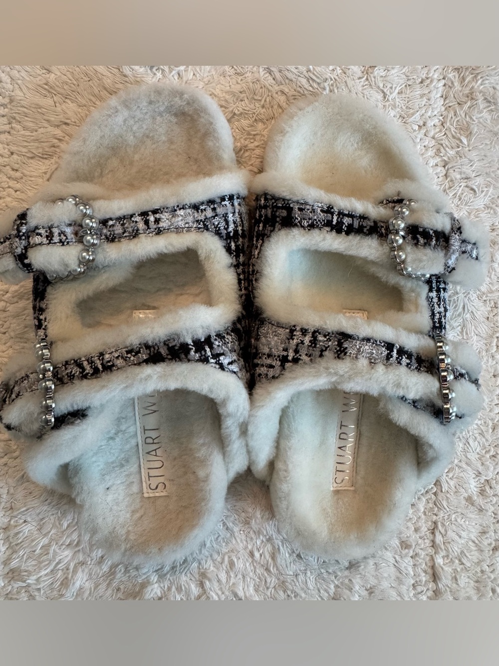 Stuart Weitzman Cream Shearling Tweed Slide Sandals with Pearl Buckles